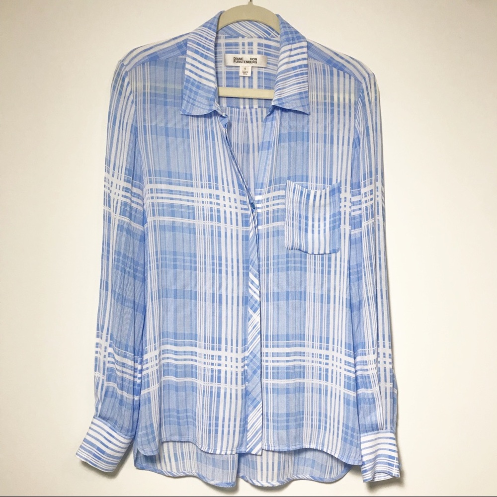 Diane Von Furstenberg Sheer Blue Button Front Top